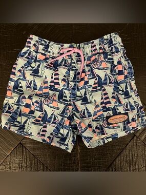 Vineyard Vines Boys Sailboat Swim Shorts - Navy & Pink Size 4T